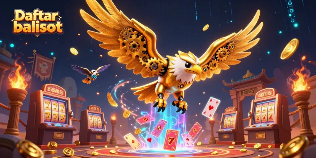 Experience thrilling gameplay with Daftar balisot through a dynamic digital illustration featuring cybernetic eagles and slot elements.