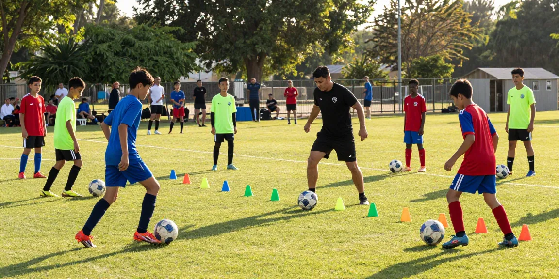 Youth soccer players training in vibrant community field, more from our blog highlighting teamwork and coaching.
