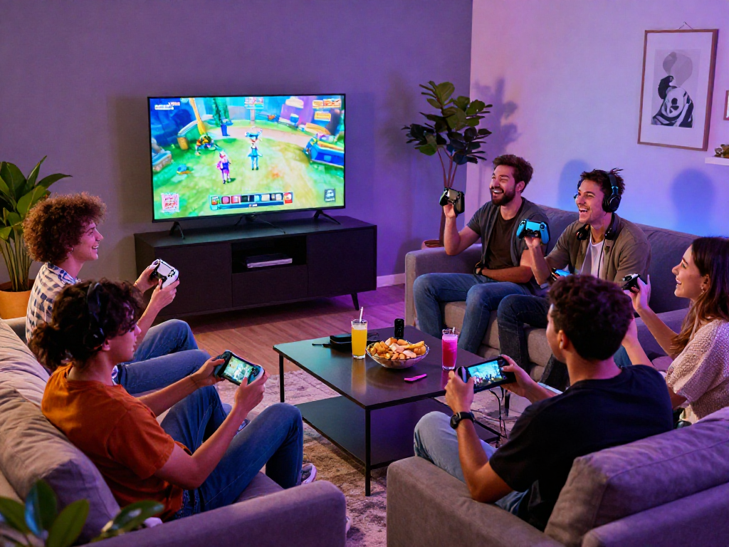Group enjoying multiplayer porngame in modern living room, vibrant atmosphere