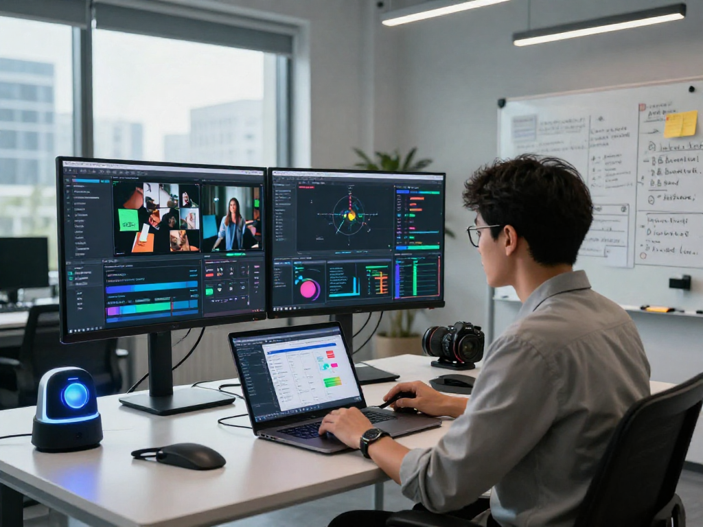 AI detector in action, content moderator analyzing flagged images on dual monitors in a high-tech workspace.
