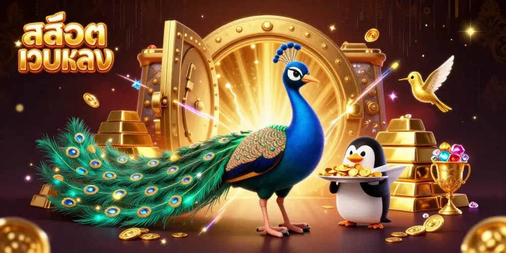 Immerse in สล็อตเว็บตรง with a vibrant 3D illustration featuring a peacock, penguin, and hummingbird amid golden treasures.