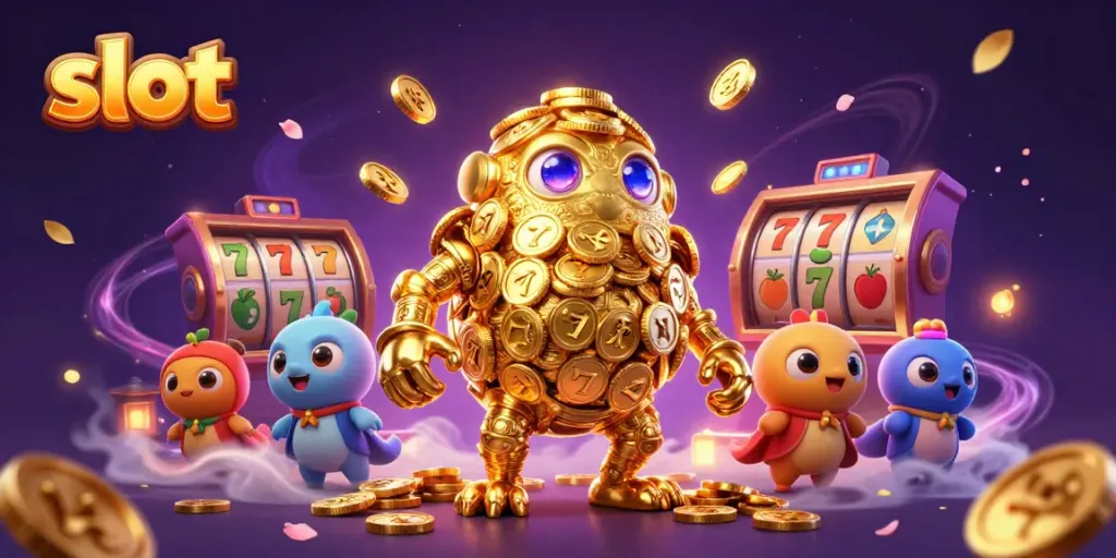 Experience thrilling slot action with a golden golem surrounded by vibrant casino elements.