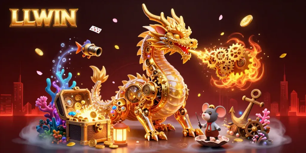 Experience LLWIN’s magical atmosphere with a golden dragon amidst treasures, cards, and lights in a casino scene.