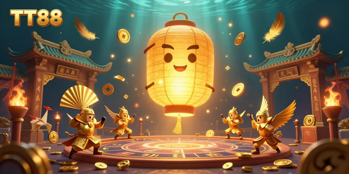 Engage in thrilling gameplay at TT88, featuring an enchanting 3D illustration of a golden lantern spirit and paper fan warriors amidst a vibrant casino scene.