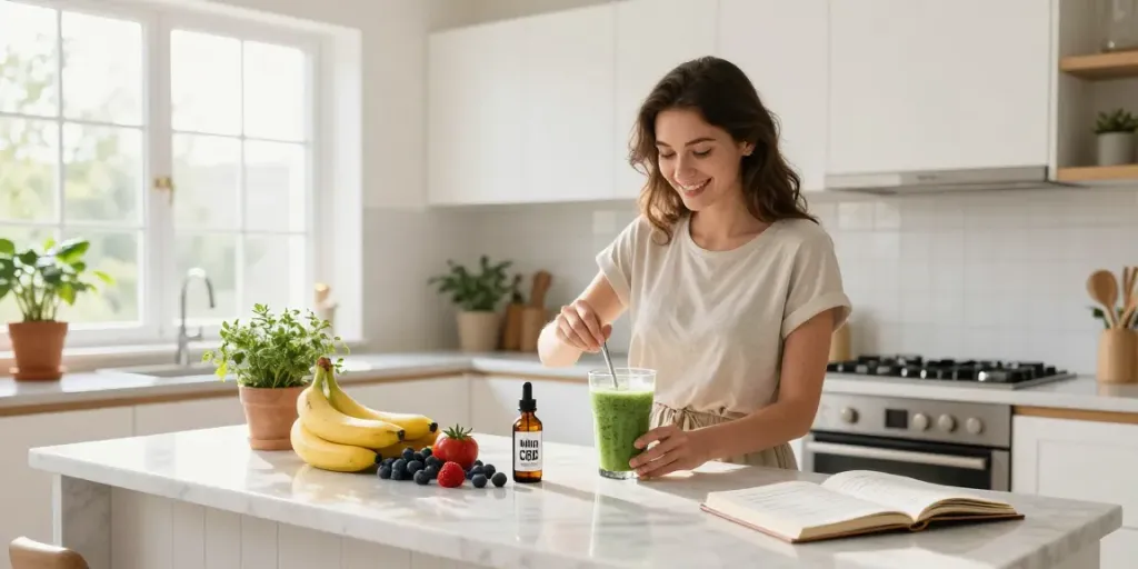 Muha meds carts used in a morning wellness routine with CBD oil and fresh ingredients for smoothies.