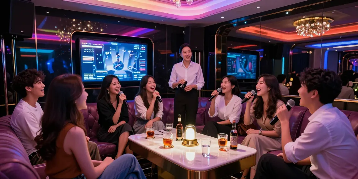 Experience vibrant nightlife at 강남 가라오케 with friends enjoying drinks and singing in luxury.