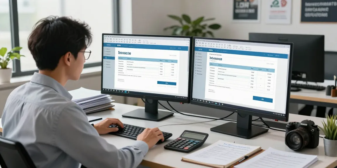 Detect fraud invoice analysis in a modern office with screens showing suspicious invoice examples.