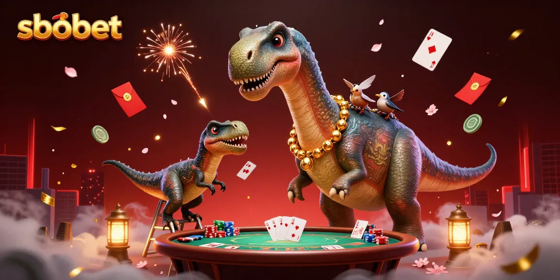 Experience thrilling poker action with sbobet in 3D, featuring dynamic dinosaur gaming scene.