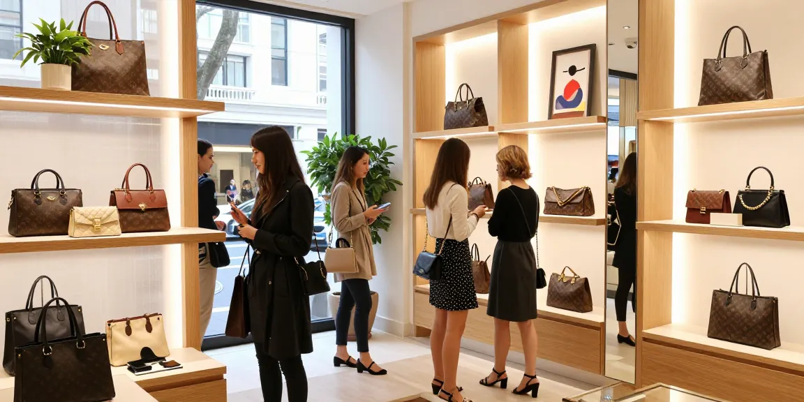 High-quality 레플리카 accessories displayed in an upscale urban boutique, showcasing luxury shopping.