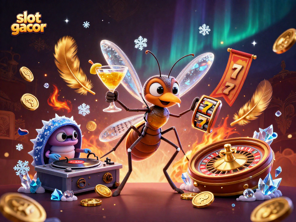 Engage with slot gacor gaming dynamics in a vibrant casino illustration featuring lively characters.