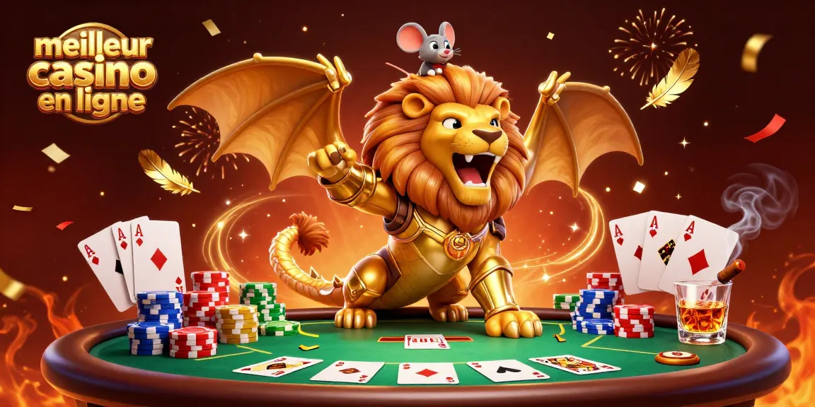 Découvrez le meilleur casino en ligne avec une illustration dynamique de jeux de cartes et une chimère en or.