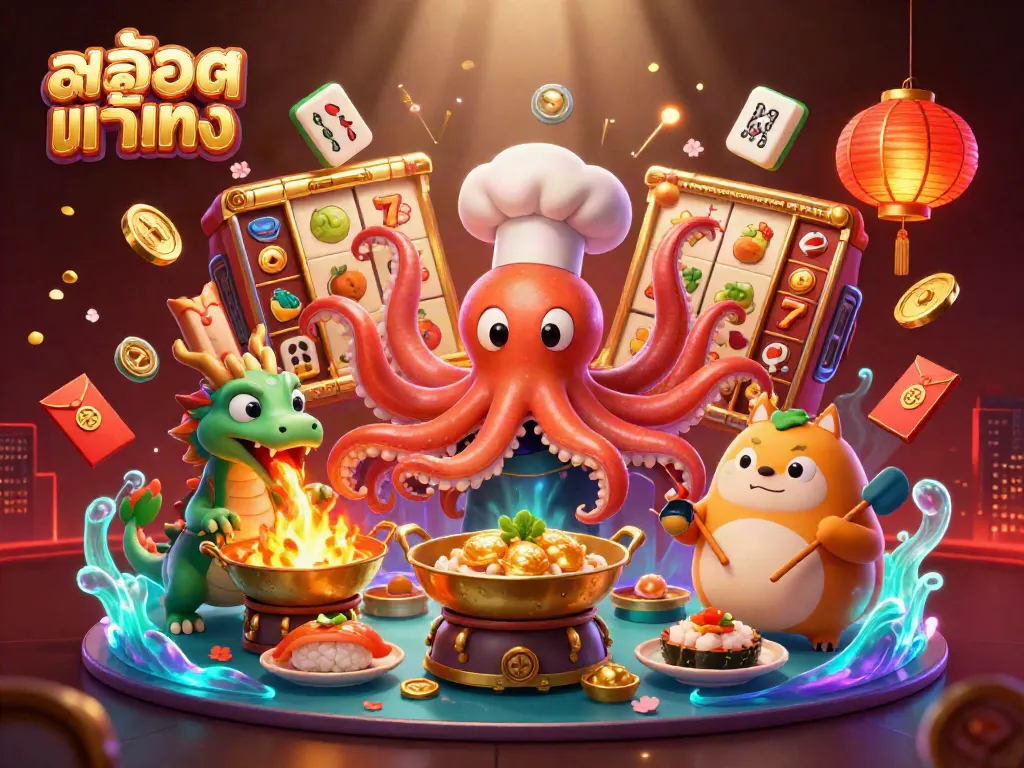 Engage with exciting สล็อตแท้ตรง action as a chef octopus prepares golden dishes amid vibrant casino elements.