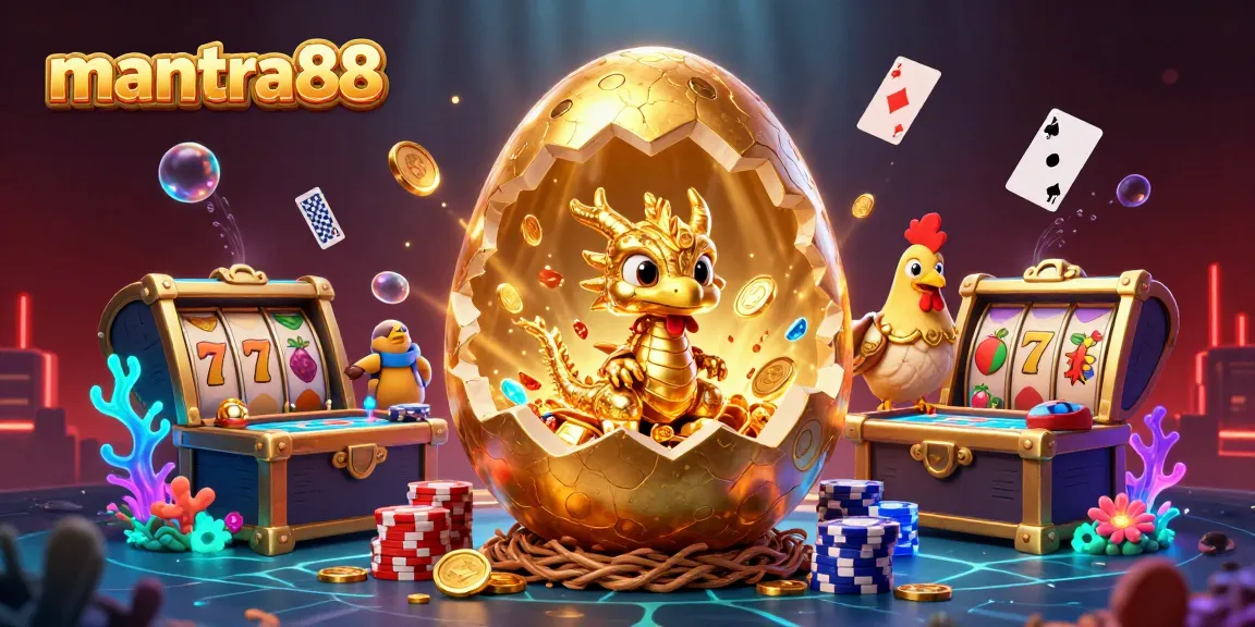 Engage with mantra88 as the golden dragon hatches amidst slot reels and poker chips in an electrifying 3D casino scene.