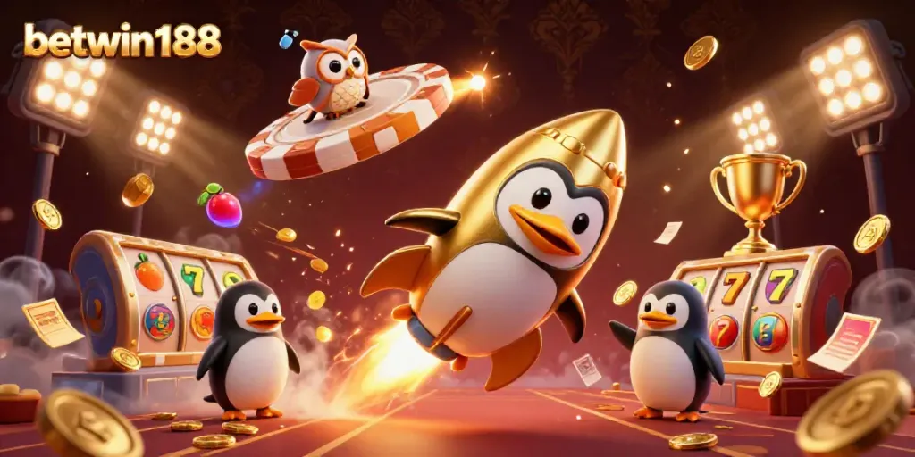 Akses lebih cepat ke betwin188 dengan penguin emas dan elemen kasino digital yang berwarna-warni.