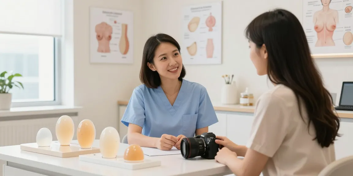 Breast augmentation Toronto consultation with patient and aesthetician discussing options.
