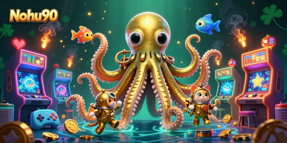 Nohu90 showcases a vibrant scene of a kraken and diving cat, celebrating exciting gaming wins.
