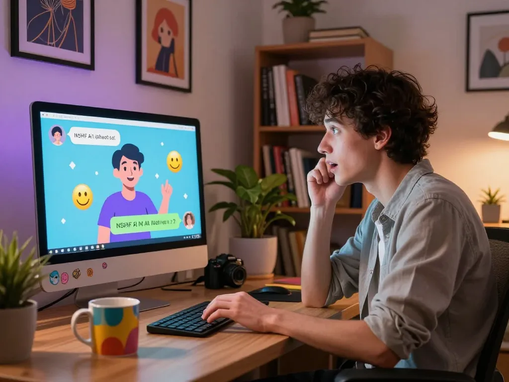 User engaging in NSFW AI chat, showcasing playful interaction and modern home office setting