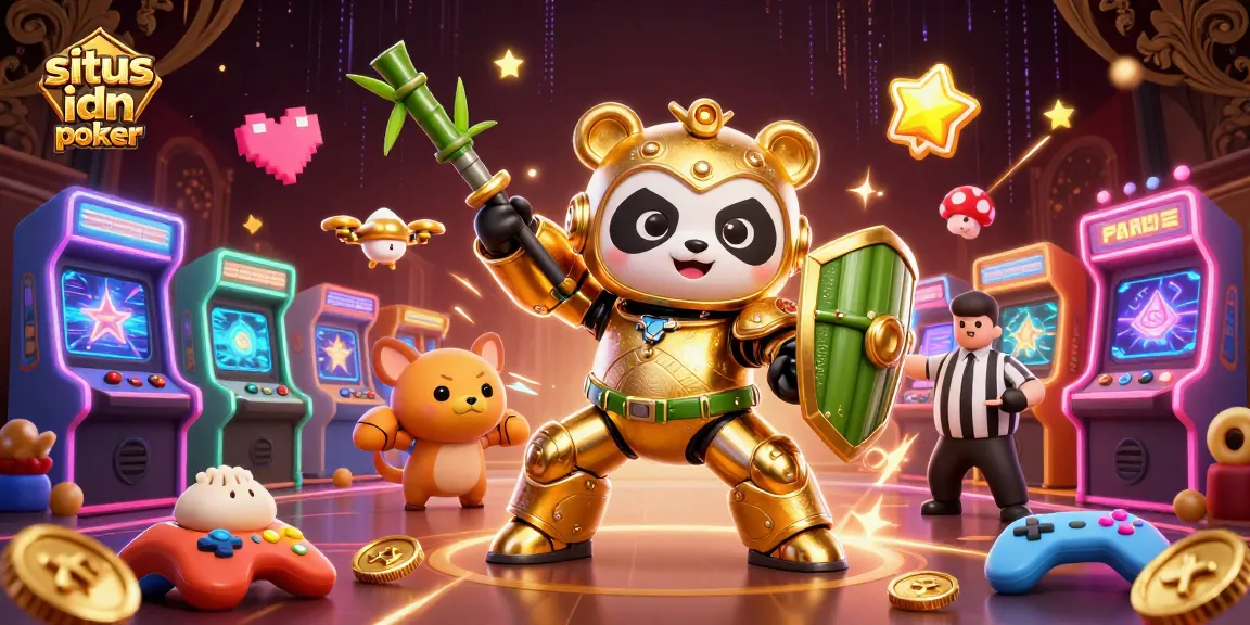 Engage in situs idn poker action with a golden panda piloting a robot amid arcade games.