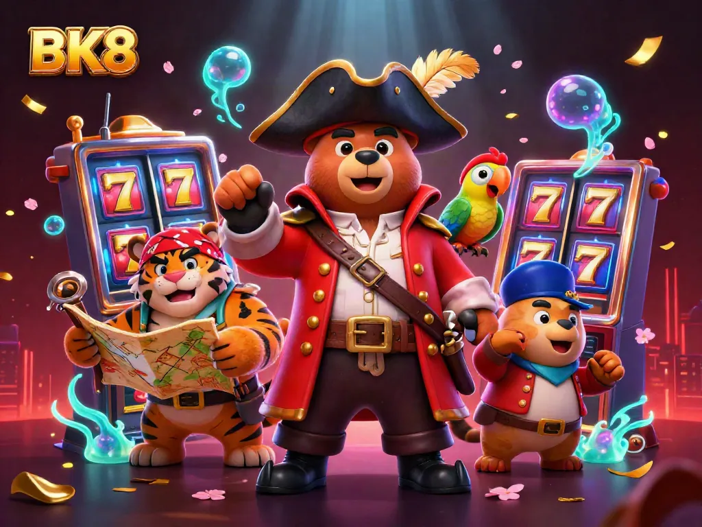 Spin and win at BK8 with vibrant slots and dynamic casino elements in a lively 3D illustration.
