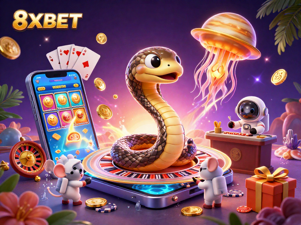 Experience thrilling moments at 8XBET with a colorful cosmic casino scene and vibrant gaming elements.