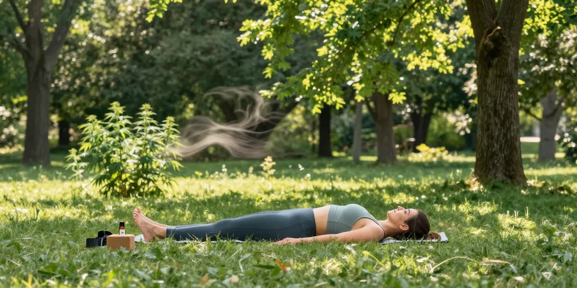 Muha med CBD oil bottle in serene outdoor yoga setting, promoting natural wellness and relaxation.