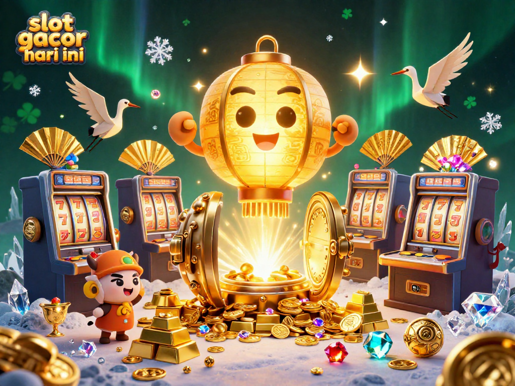 Engage with slot gacor hari ini in a vibrant casino scene featuring dynamic 3D characters and sparkling treasures.