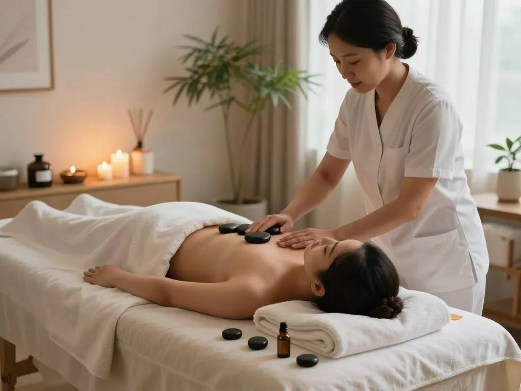 Experience 성북구출장마사지 in a calming home spa environment with soothing lighting and aromatic elements.