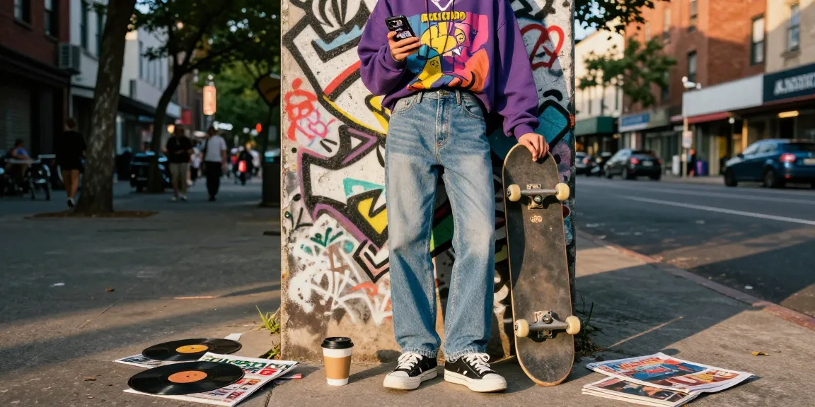 Youth in trendy outfit showcasing https://shs-dome5.com/ on smartphone against urban graffiti, reflecting modern street style.