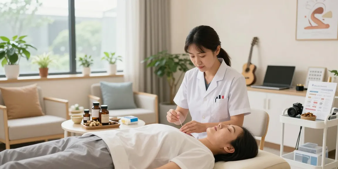 Healing therapy at 수원한의원 with acupuncturist and patient in a serene environment.