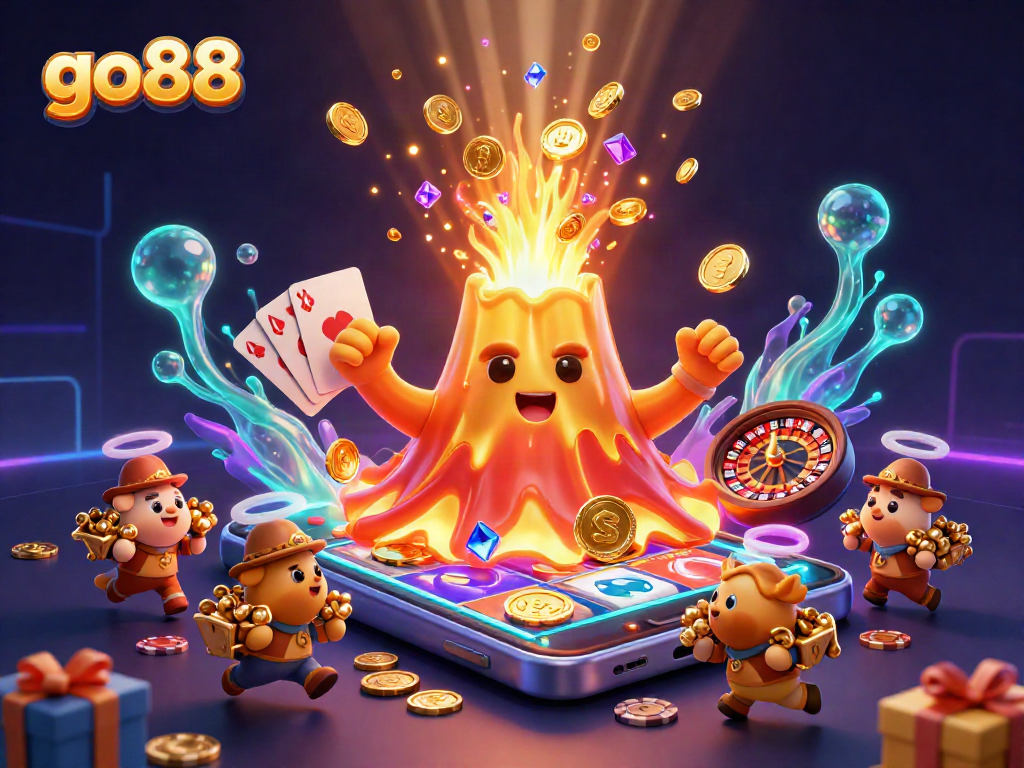 Experience the excitement of go88 as a golden volcano erupts coins and treasures in a vibrant casino scene.