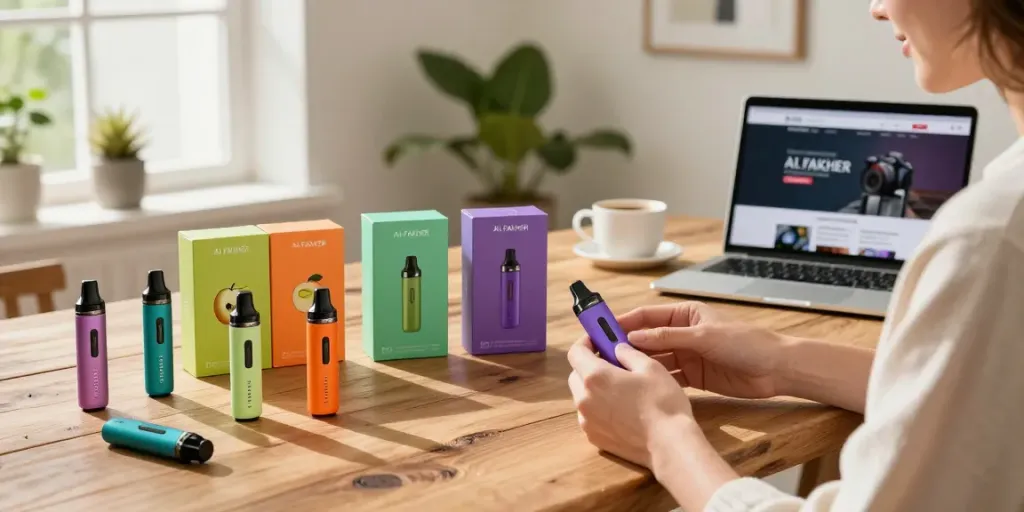 Al Fakher Vape 8000 Auswahl an elektronischen Zigaretten und farbenfrohen Geschmäckern auf Holztablett.