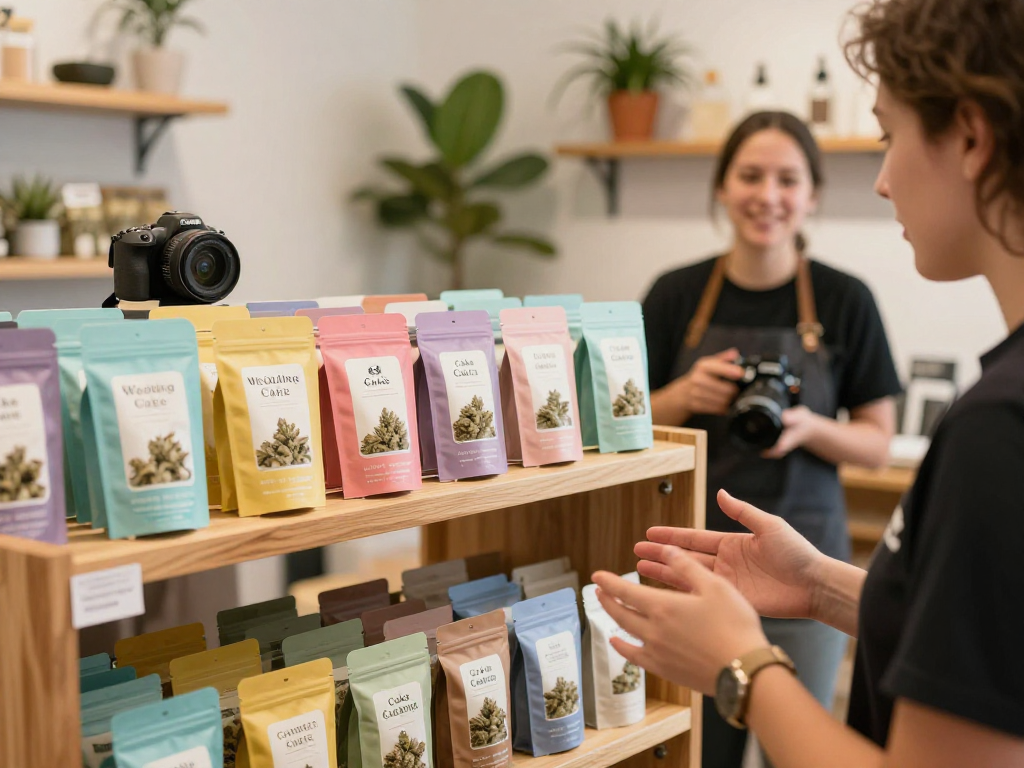 Explore delicious Cake cart flavors in a vibrant cannabis dispensary.