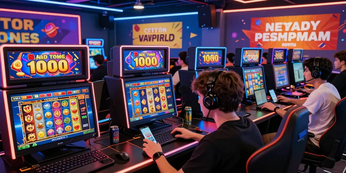 Engaged gamers exploring slot depo 1000 games in a lively online casino environment.