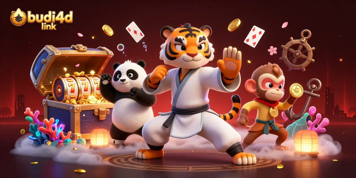 BUDI4D link showcases an exciting slot experience with a kung fu tiger, a panda, and a mischievous monkey.