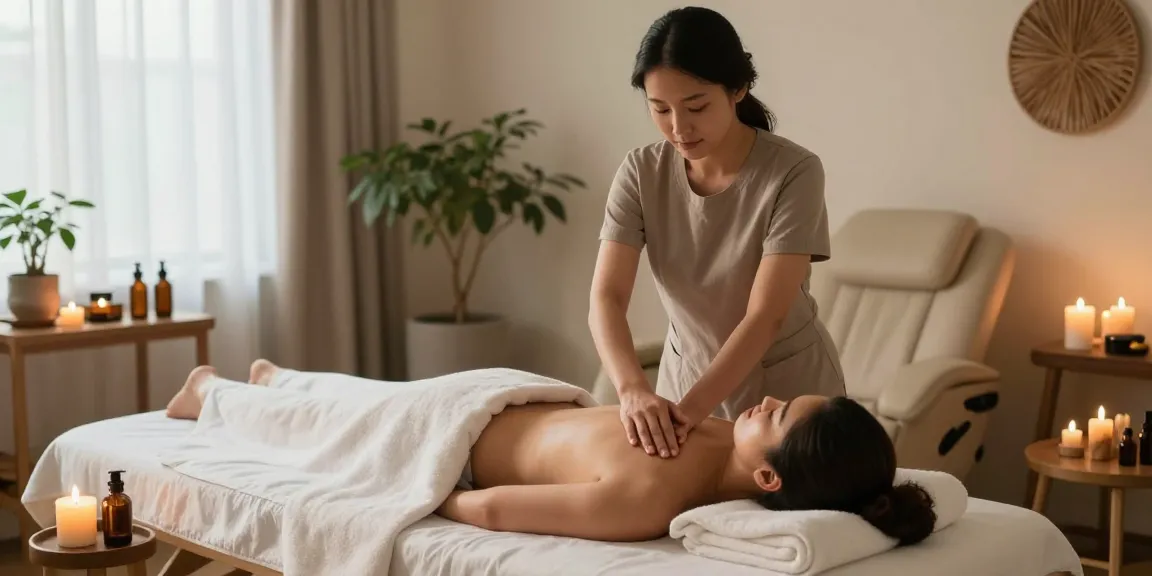 Relaxing 스웨디시 massage scene in a calming wellness studio with natural light and soothing decor.