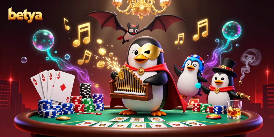 Engage with betya's vibrant scene featuring a penguin organist and a bat acrobat amidst golden coins.
