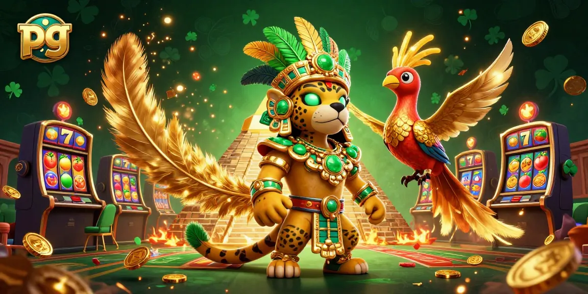 Experience thrilling pg slot action with a vibrant Mayan jaguar priest and quetzal bird in dynamic casino scene.