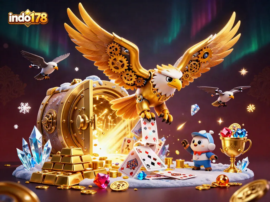 Experience the thrill of indo178 gaming with dynamic holographic cards and golden treasures in this vibrant scene.