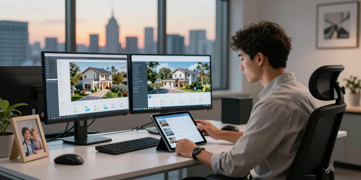 Engaging scene of a professional reviewing rokok88 login for virtual real estate investments in a modern office setting.