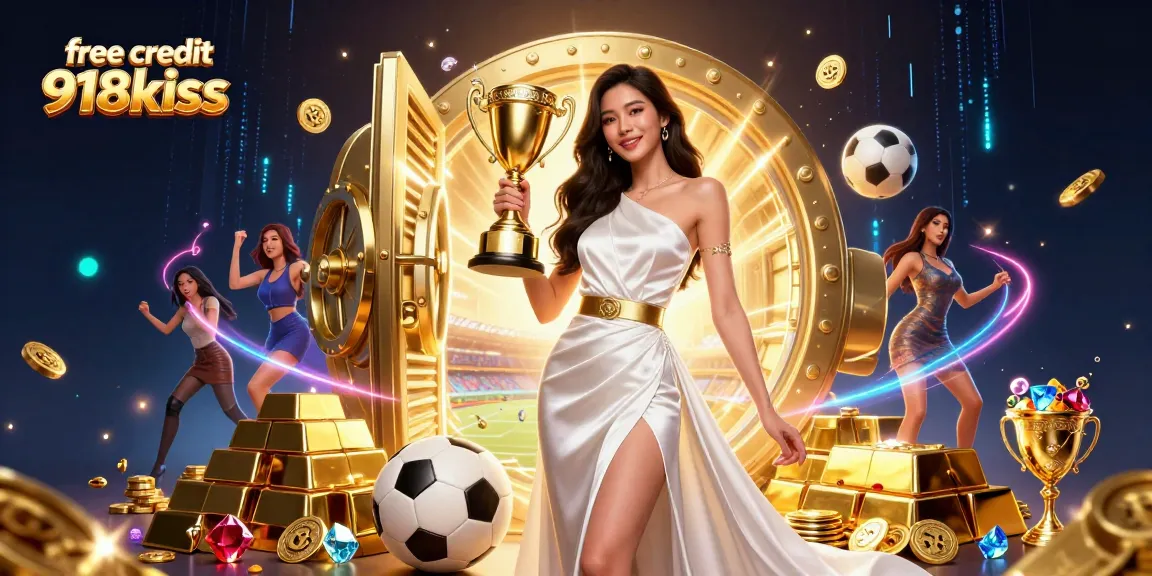 Win big with free credit 918kiss in a vibrant casino atmosphere featuring golden treasures and trophies.