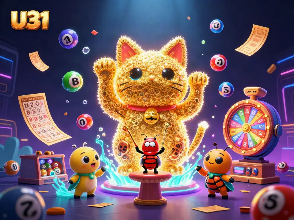 U31 showcases a vibrant casino scene with golden fireflies, lucky cat, and dynamic lottery elements.