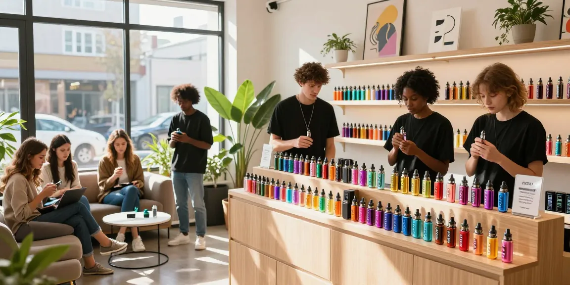 Discover vape UK options with a vibrant vape shop scene showcasing diverse customers exploring colorful vaping products and e-liquids.