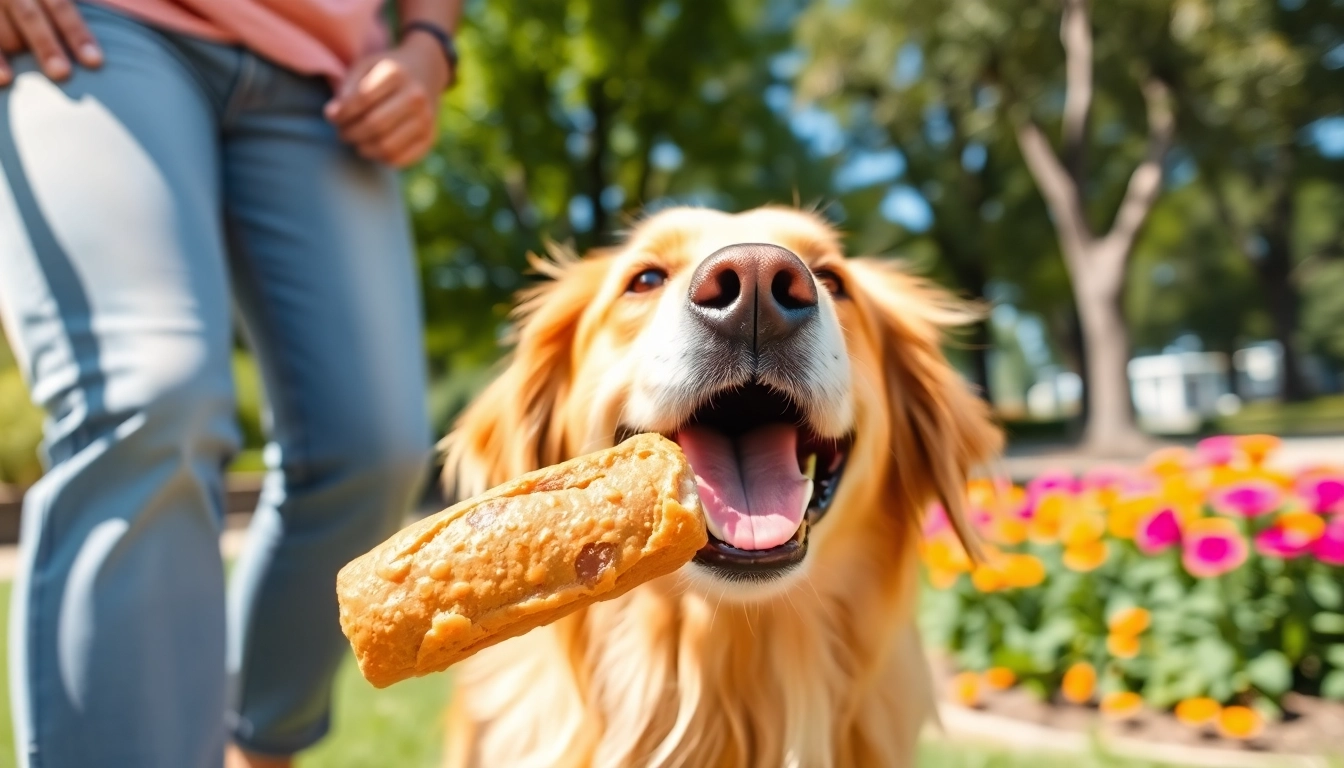 Engaging dog enjoying CBD For Pet treat in a sunny park setting, radiating joy and vitality.