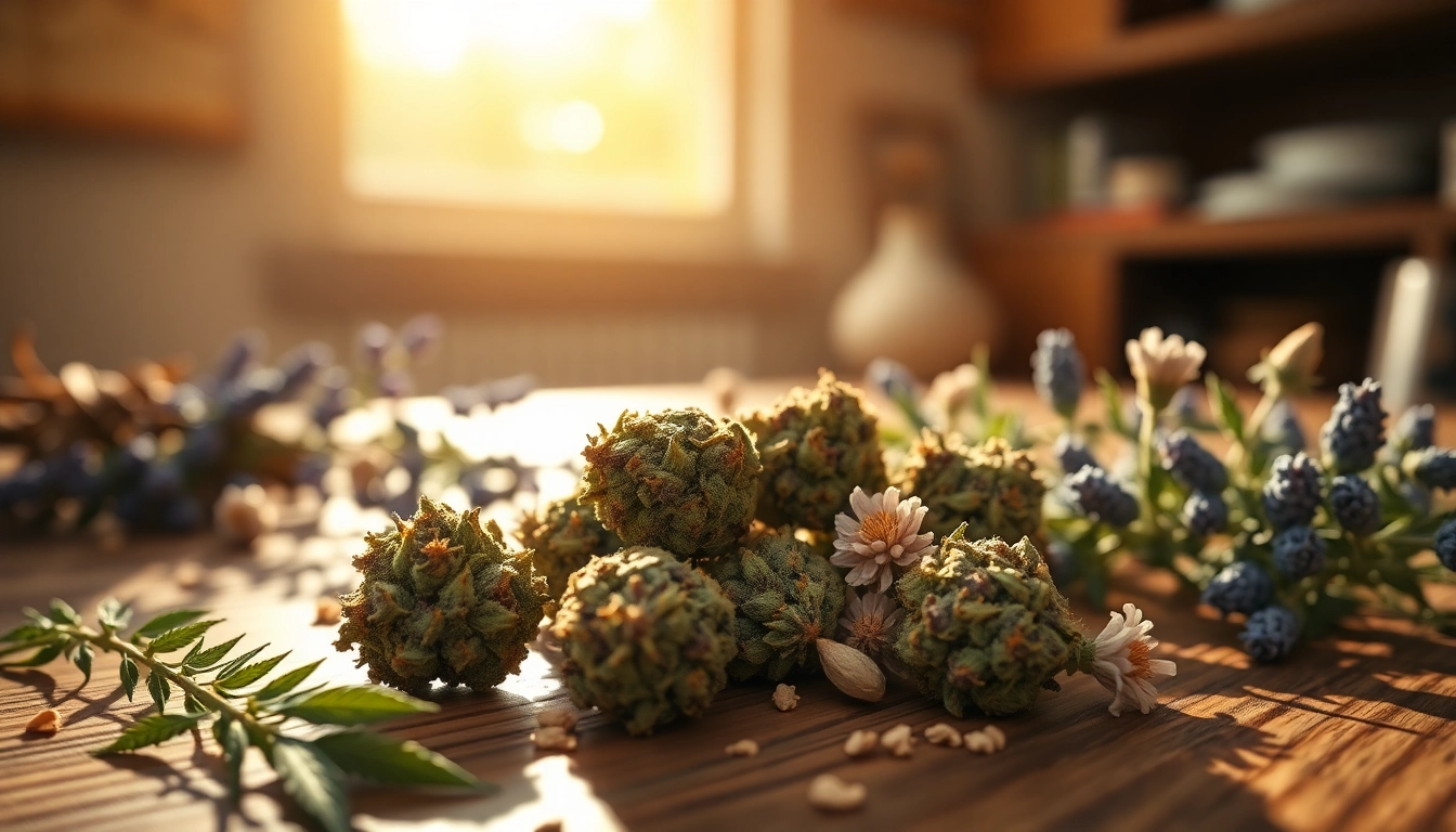 Mental Wellness CBD buds beautifully arranged on a rustic table, surrounded by calming herbs for relaxation.