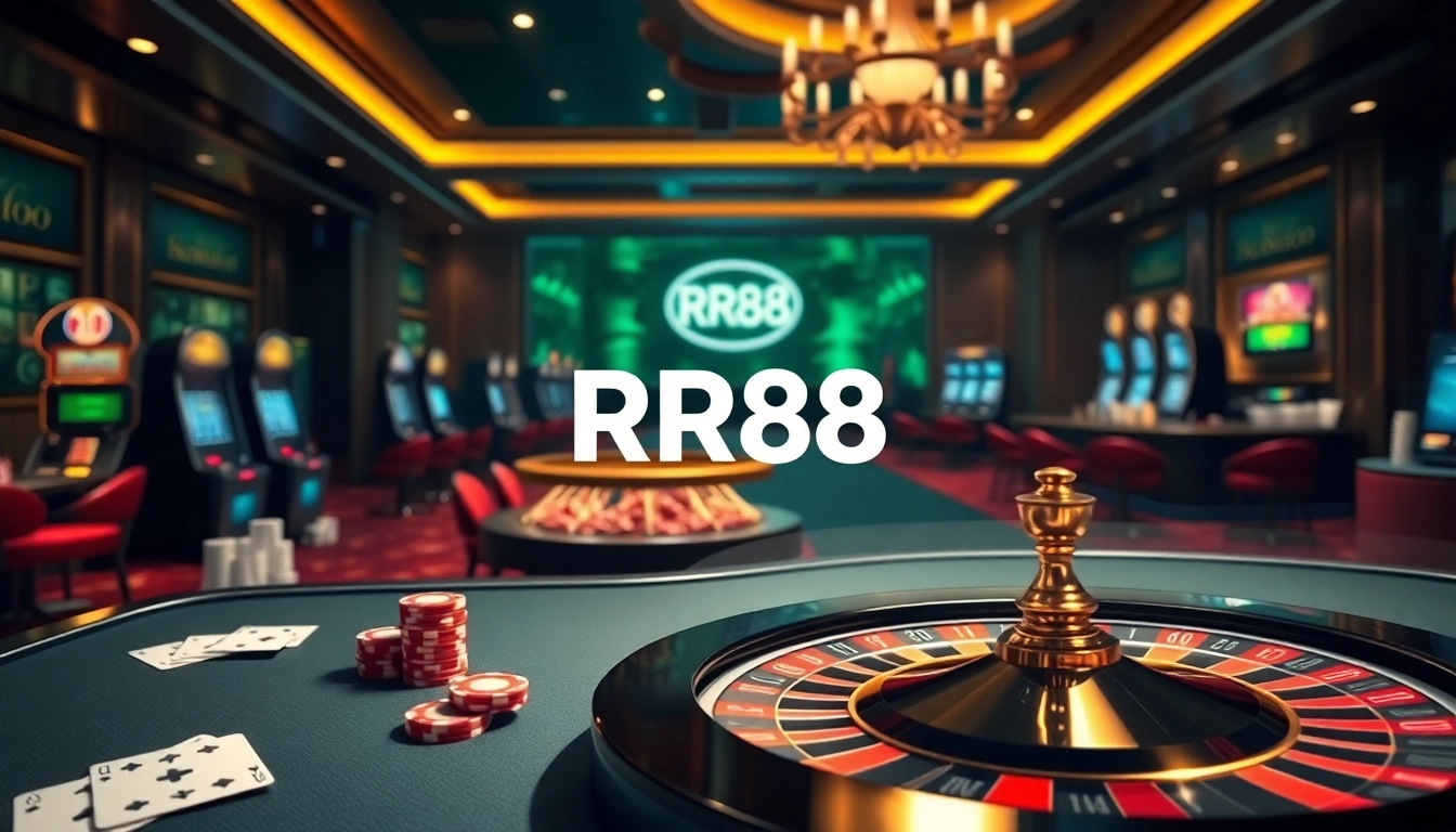 Experience excitement at RR88 with vibrant casino visuals, showcasing tables, chips, and roulette wheels.