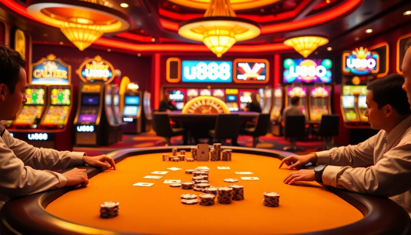 Experience thrilling poker action at u888 with luxury casino tables and vibrant slot machines.