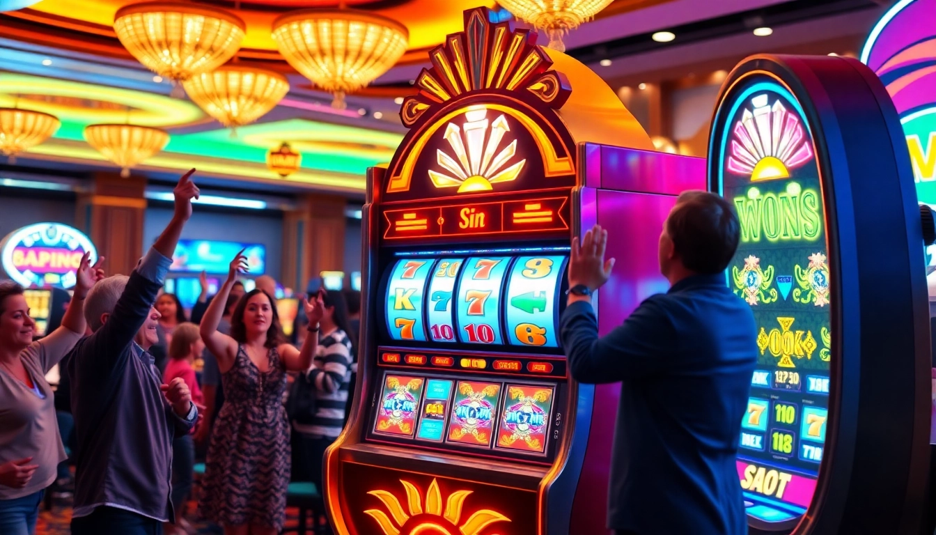Gamblers celebrating wins at an idn slot machine in a vibrant casino environment.