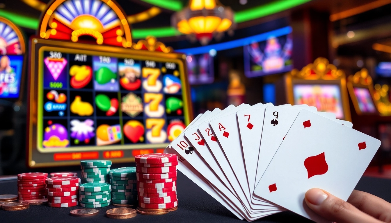 Experience bk8 สล็อต excitement with vibrant slot machines and casino chips.