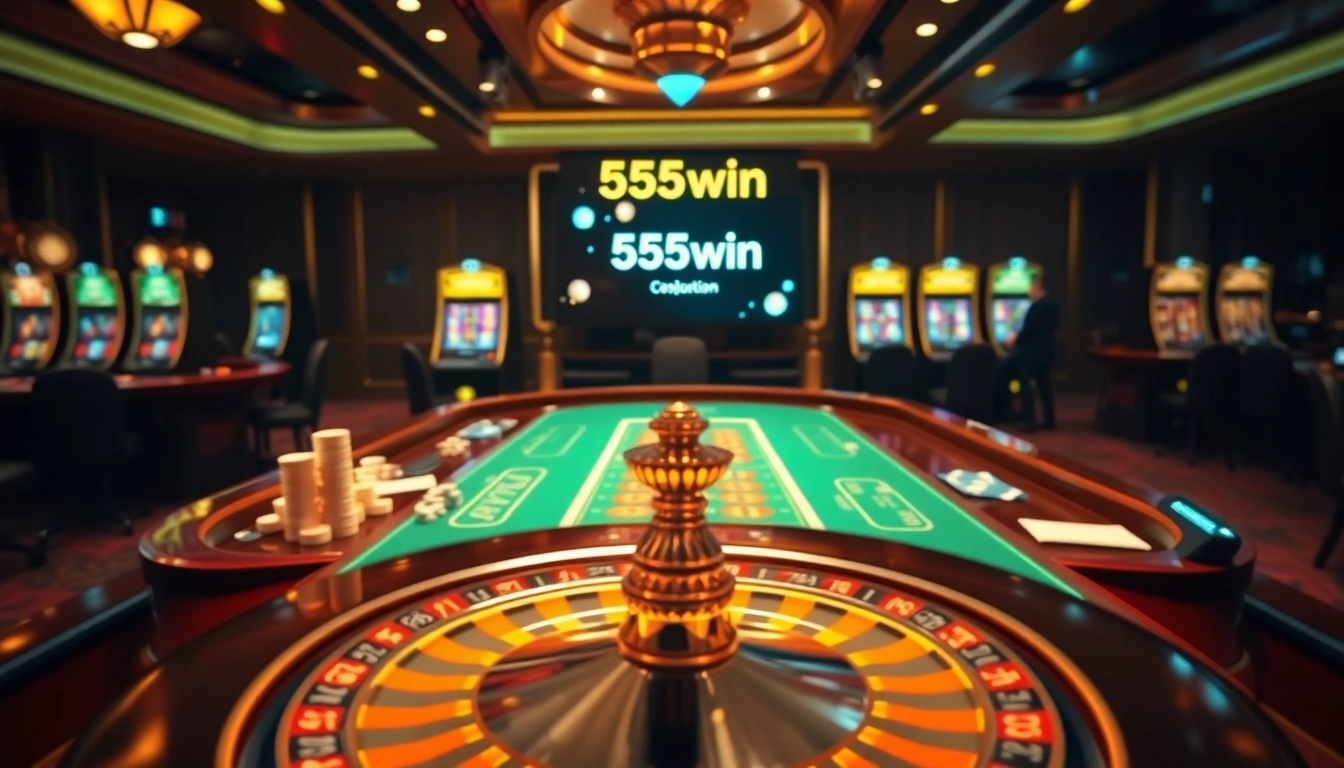 Experience excitement at 555win with vibrant casino visuals showcasing roulette and cards.