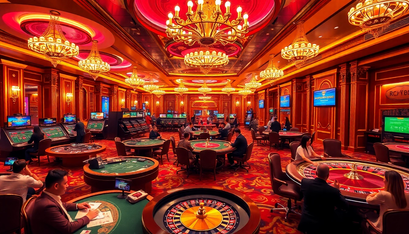 Players engaging at the luxurious RR88 casino, filled with vibrant tables, chips, and roulette wheels.
